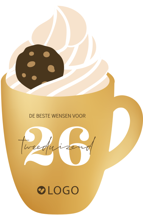 Luxe zakelijke kerstkaart mok in goudlook met chocomelk en slagroom