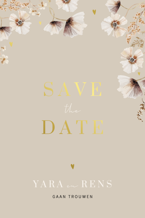 Save the Date foliedruk kaart met bloemen en hartjes