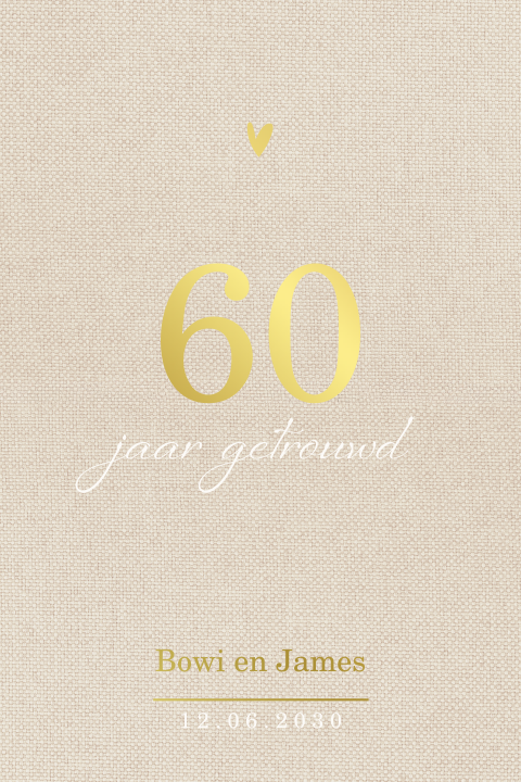 Stijlvolle 60 jaar getrouwd uitnodiging met linnenlook en goudfolie