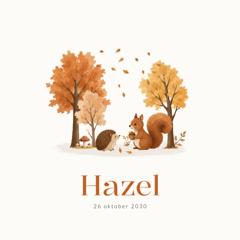 Herfst geboortekaartje unisex met eekhoorn, egel en bomen