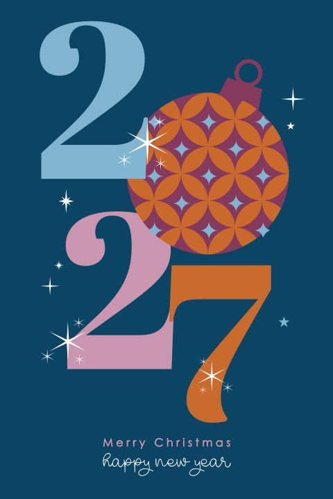 Kleurrijke zakelijke kerstkaart goede doel met jaartal en kerstbal