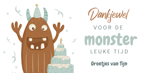 Traktatie labeltje kind met monster en bedankje (per 10 stuks)