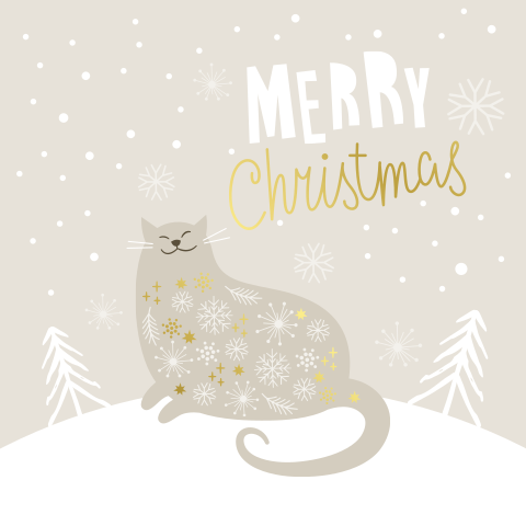 Kerstkaart met kat, sneeuw, kerstbomen en goudfolie