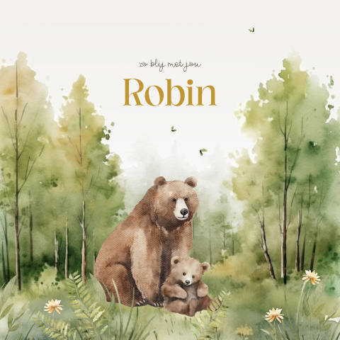 Bosdieren geboortekaartje unisex met beren in bos