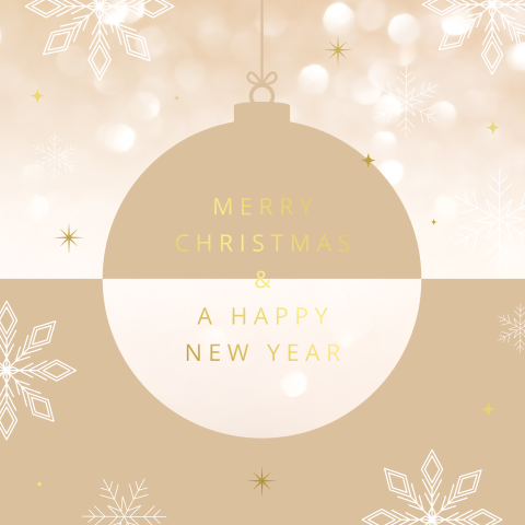 Sprankelende hippe zakelijke kerstkaart met kerstbal en goudfolie