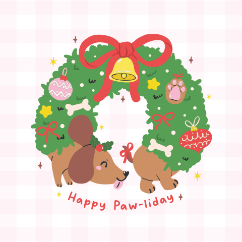 Grappige kerstkaart met teckel als kerstkrans met strik