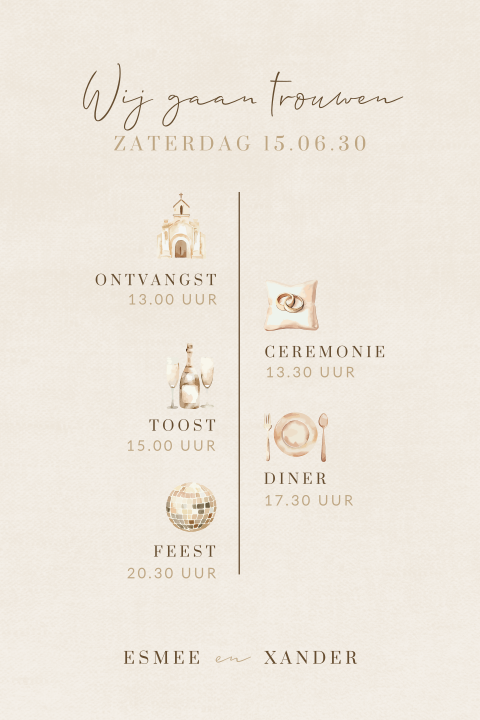 Trouwkaart met tijdlijn en illustraties met linnenlook en ronde hoeken