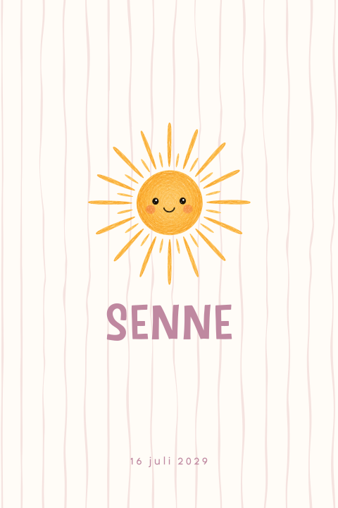 Lief geboortekaartje voor een meisje met strepen en zon