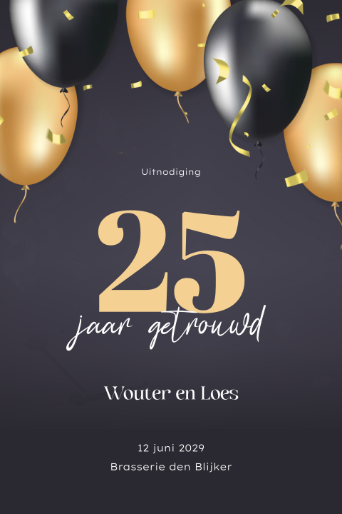 Jubileum uitnodiging 25 jaar getrouwd met confetti en ballonnen