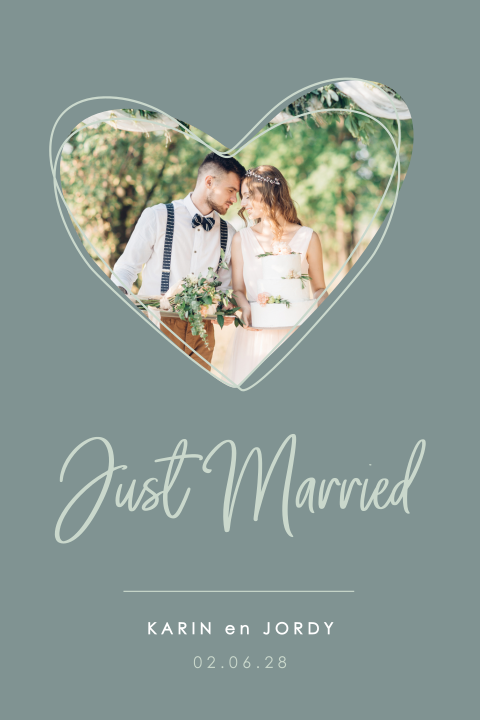 Just married kaart met foto in hartvorm