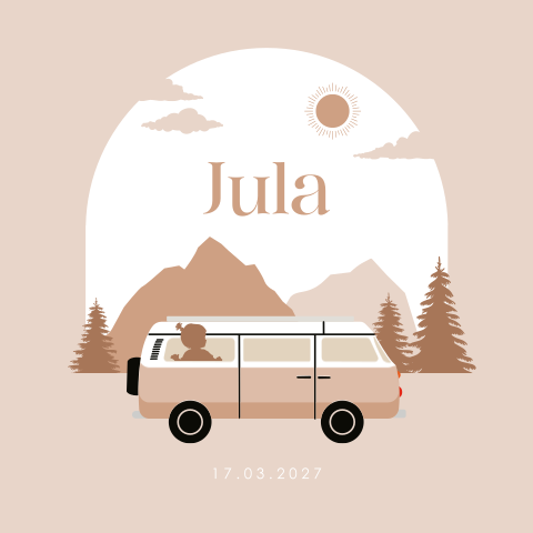Avontuurlijk retro geboortekaartje voor een meisje in camper bus