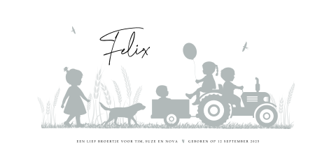 Vier kindjes met hond en tractor silhouet geboortekaartje