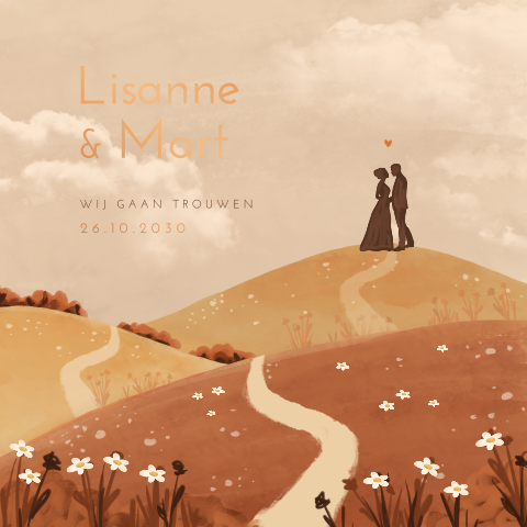 Luxe herfst trouwkaart met silhouet koppel in heuvels tussen bloemen