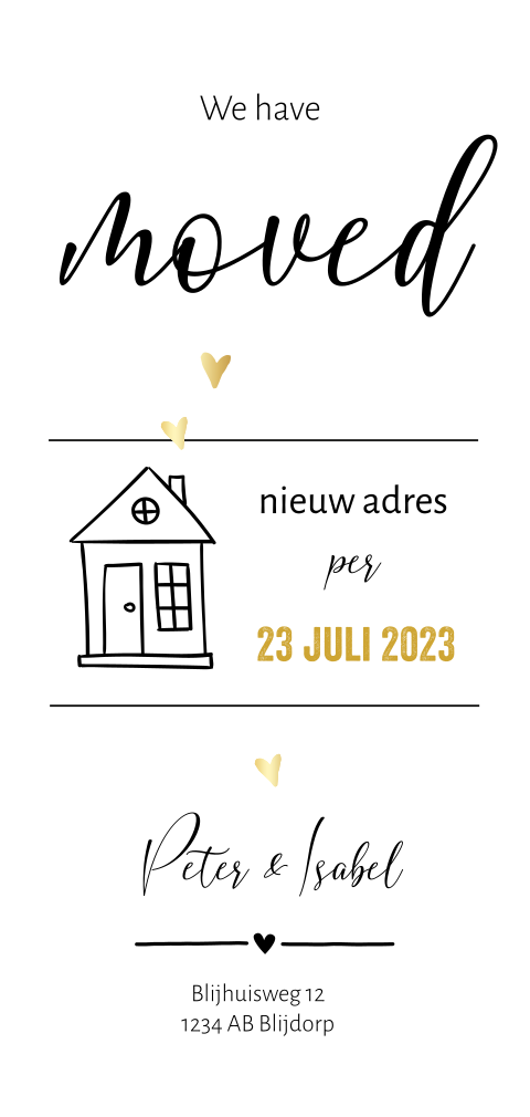 Typografische verhuiskaart met huisje en hartjes