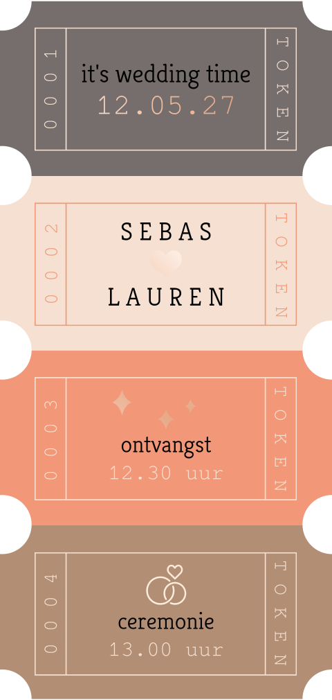 Coupon ticket trouwkaart in originele vorm met foliedruk