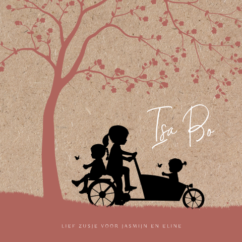 Drie zusjes met bakfiets silhouet geboortekaartje