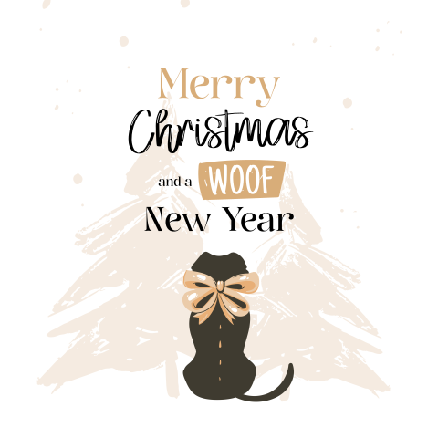 Kerstkaart hond met strik Merry Christmas and a Woof New Year