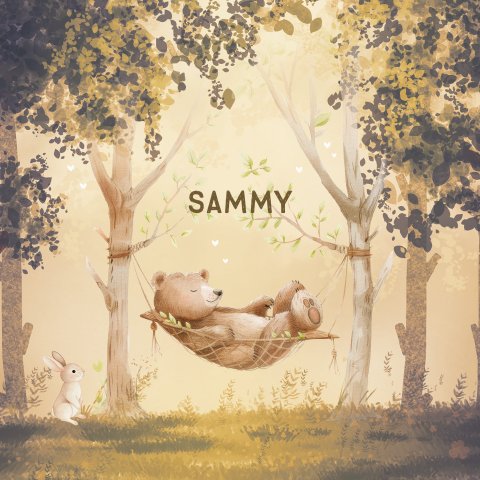 Unisex geboortekaartje met konijn en beer in hangmat in het bos