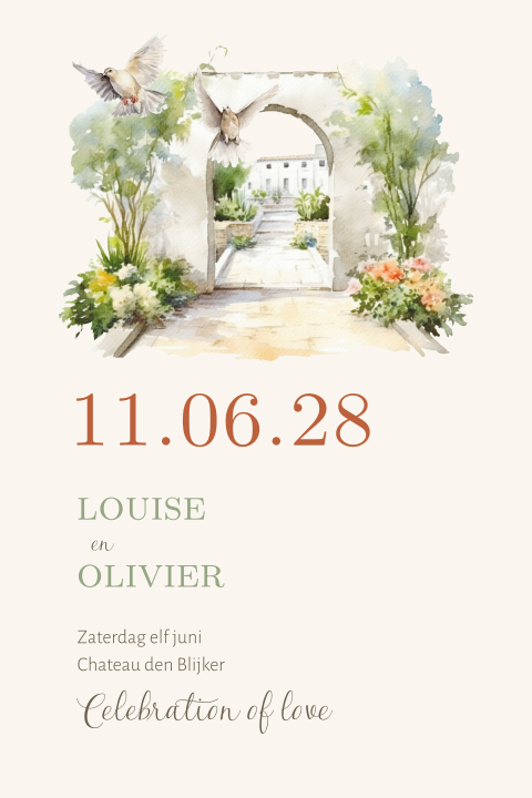 Klassieke trouwkaart Toscaans met geschilderde duiven en bloemen