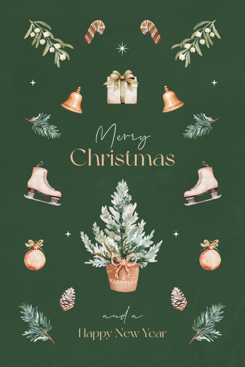 Kerstkaart met nostalgische aquarel kerst illustraties