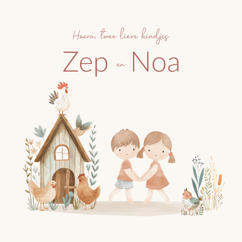 Geïllustreerd geboortekaartje voor een tweeling met jongen en meisje