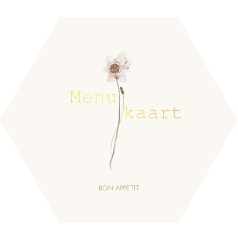 Menukaart in zeshoek vorm met goudfolie en droogbloem