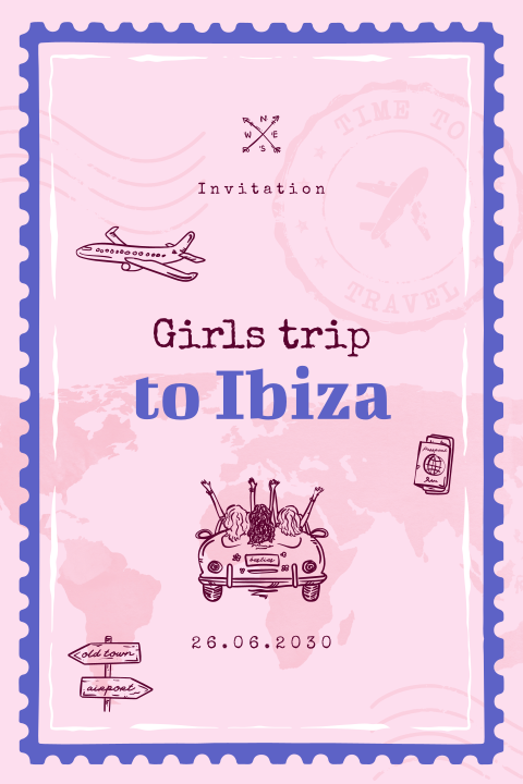Uitnodiging verjaardag girls trip met illustratie wereld en auto
