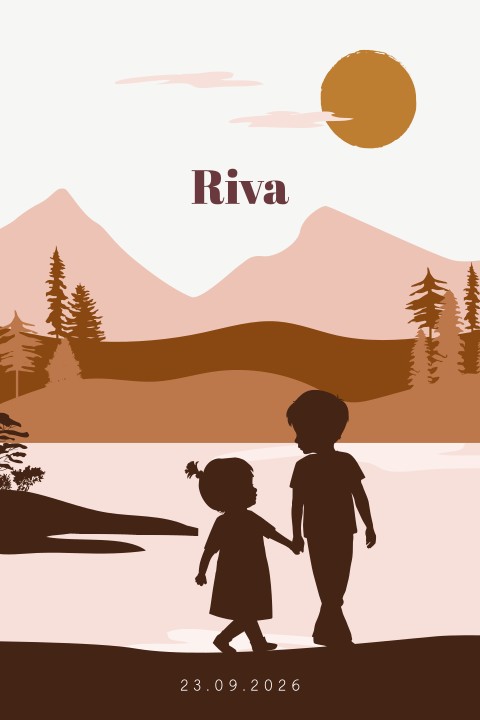 Geboortekaartje zusje met silhouetjes in een berglandschap