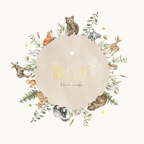 Luxe unisex geboortekaartje met bosdieren en foliedruk