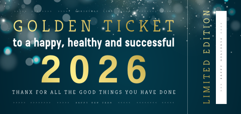Golden ticket kerstkaart met jaartal 2026 en goudfolie