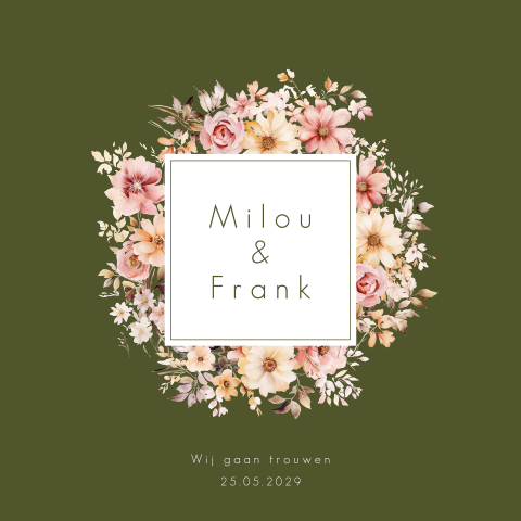Bloemen trouwkaart met kader en donkergroene achtergrond