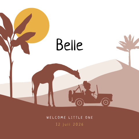 Stoer jungle silhouet geboortekaartje meisje in jeep met giraffe