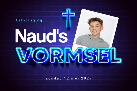Stoere vormsel uitnodiging met foto, kruis en neon letters