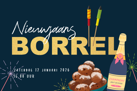 Oud & nieuw borrel uitnodiging met oliebollen, champagne en vuurpijlen