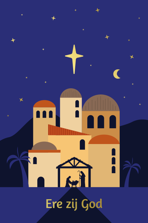 Luxe hippe christelijke kerstkaart met stad Bethlehem en kerststal