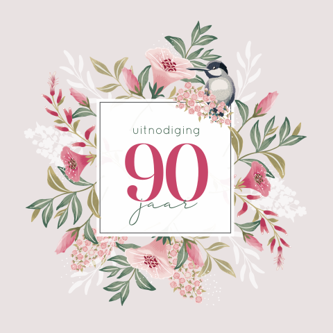 Verjaardag 90 jaar uitnodiging met bloemen, bladeren en een vogel