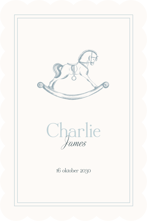 Klassiek geboortekaartje jongen met golvende rand en hobbelpaard