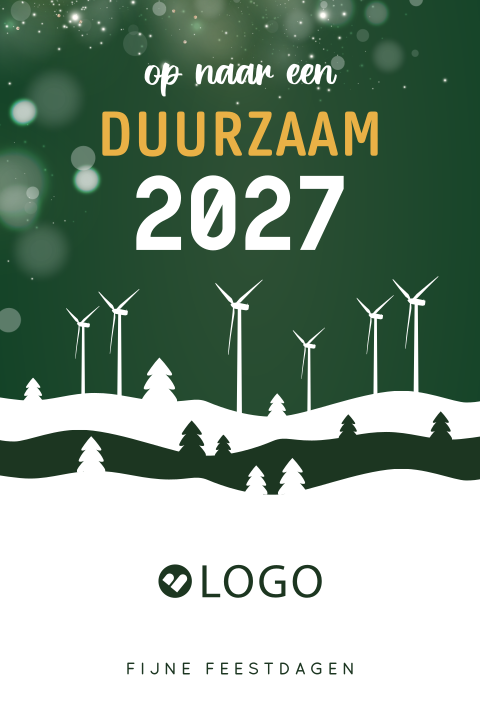 Zakelijke kerstkaart met sneeuw, kerstbomen en windturbines