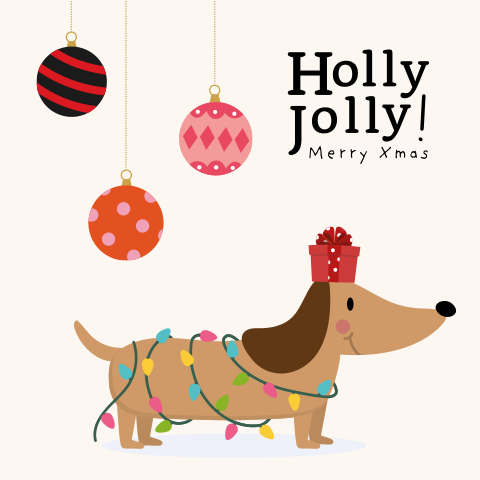 Teckel kerstkaart met kerstballen en kerstlampjes