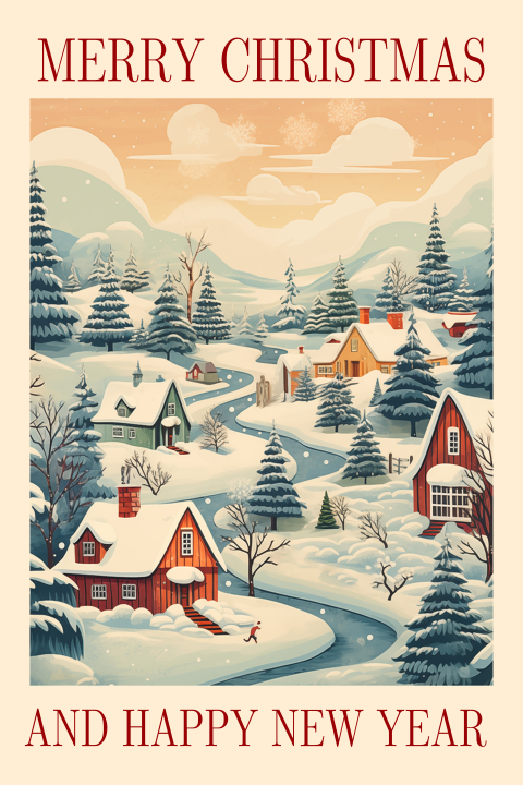 Winterlandschap vintage kerstkaart met huisjes in de sneeuw