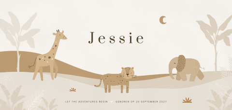 Jungle geboortekaartje unisex met safari dieren en palmbomen