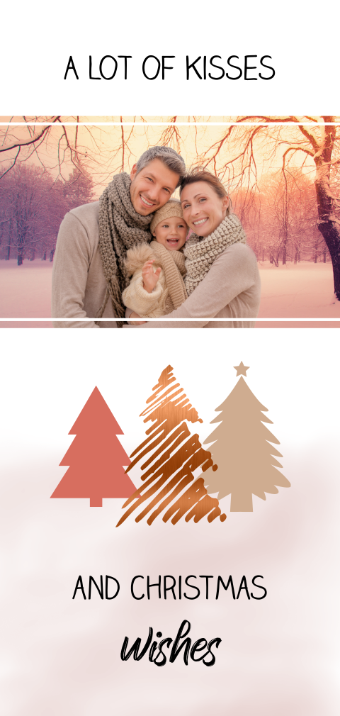 Foto kerstkaart met kerstboom en trendy koper