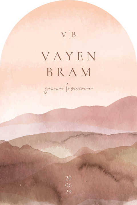 Boogvorm trouwkaart met aquarel berglandschap