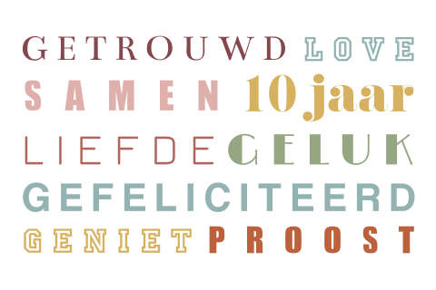 Kleurrijke, typografische wenskaart 10-jarig huwelijksjubileum