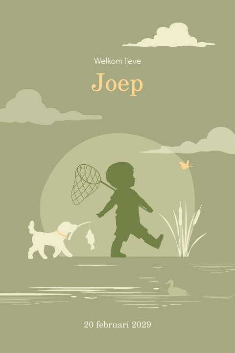 Vissen geboortekaartje voor een jongen met silhouet, visnet en hengel