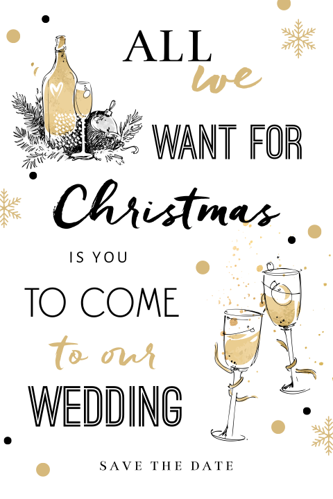 Handlettering Save the Date kerstkaart met champagne glazen