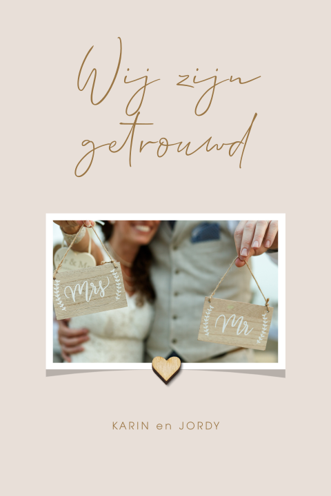 Just married kaart met foto en houten hartje
