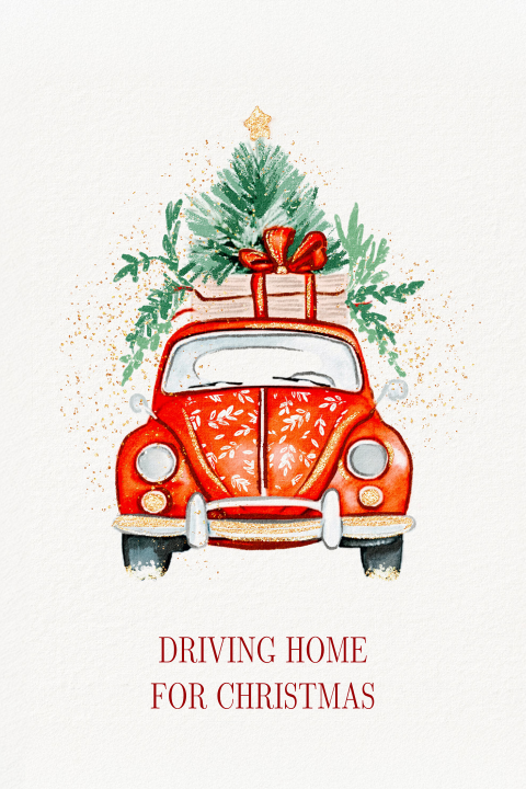Kerstkaart met auto met kerstboom en sparkles