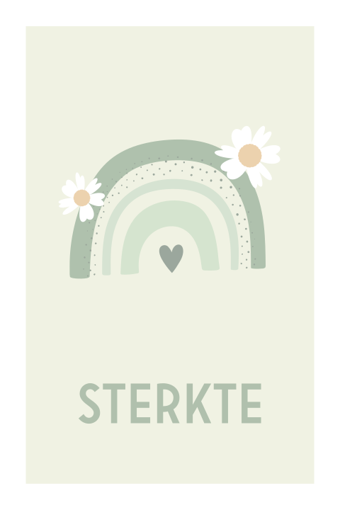 Sterkte wenskaart met een regenboog en madeliefjes