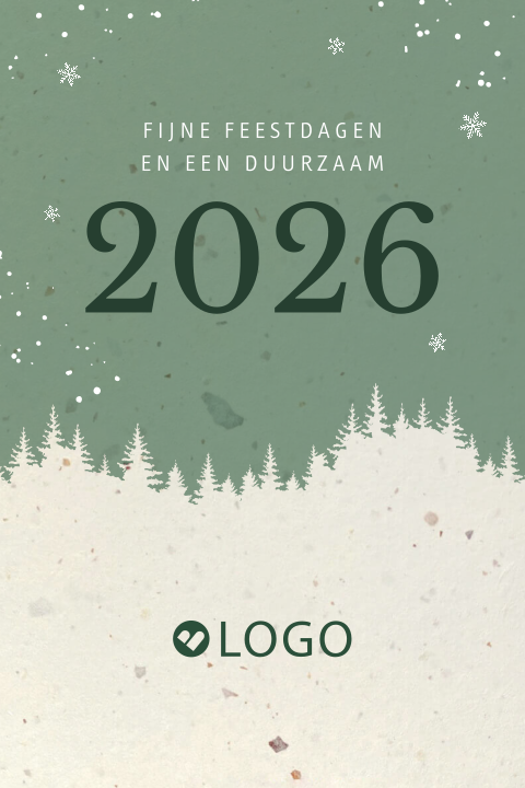 Duurzame zakelijke kerstkaart met kerstbomen, sneeuw en jaartal